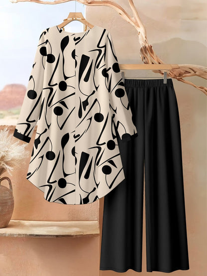 Autumn And Winter Women'S Vacation Printed Elegant Casual Loose Long-Sleeve Top And Pants Two-Piece Set for Fall
