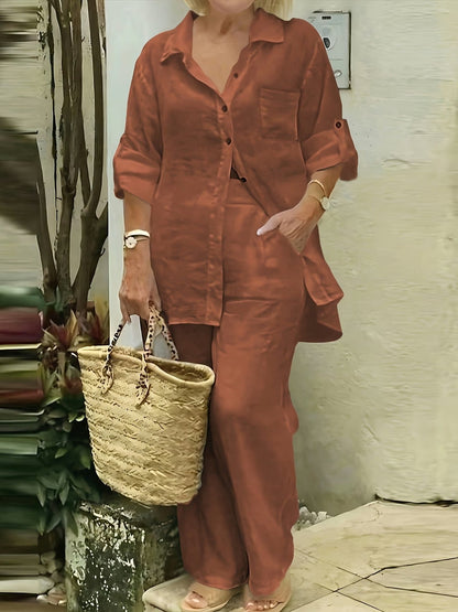 Women’s Elegant Two-Piece Co-Ord Set – Solid Shirt, Comfortable Pants & Stylish Casual Cardigan