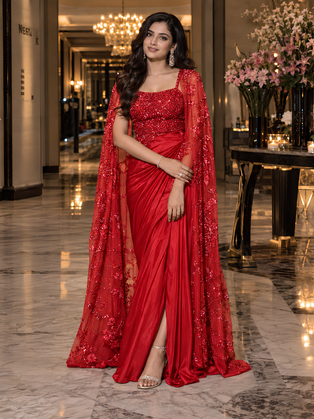 Peach Rosé Embroidered Draped Saree Gown with Cape