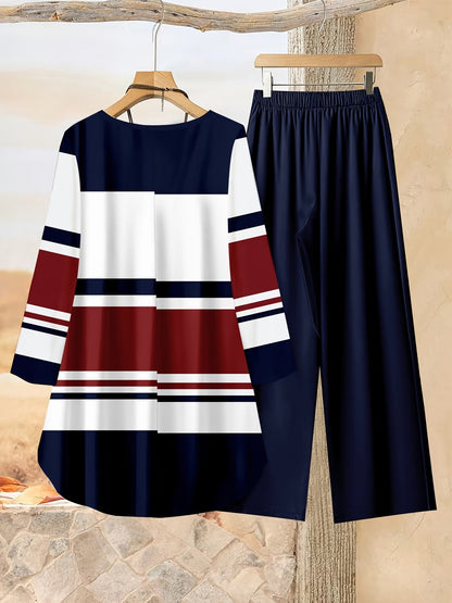 Loose Fit Irregular Print High-Low Hem Top with Solid Pants – Women’s Casual Two-Piece Outfit