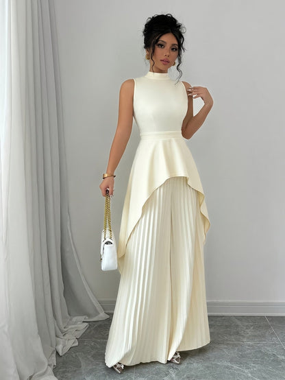 Elegant Sleeveless Stand-Collar Top & Pleated Trousers Set – Women’s Chic High-Low Two-Piece Suit