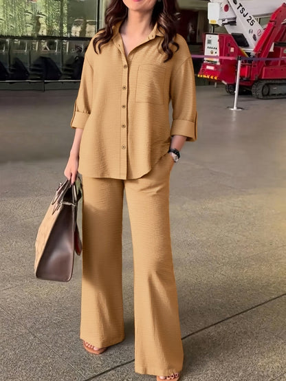 Plus Size Women’s Autumn & Winter Casual Co-Ord Set – Lapel Button Shirt with Comfortable Wide-Leg Pants