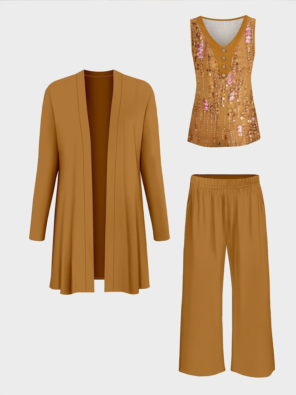 Elegant Solid Color Cardigan with Printed Top & Casual Long Pants – Stylish 3-Piece Women’s Set