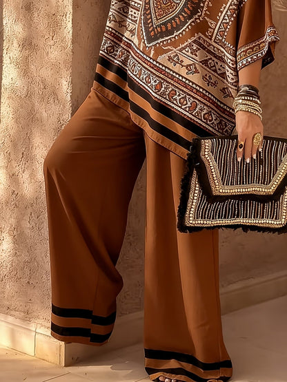 Stylish Oversized Printed Co-Ord Set – Relaxed Shirt & Wide-Leg Pants with Striped Hem for Women