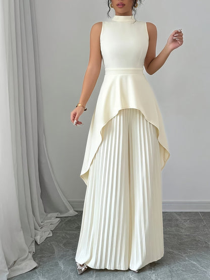 Elegant Sleeveless Stand-Collar Top & Pleated Trousers Set – Women’s Chic High-Low Two-Piece Suit