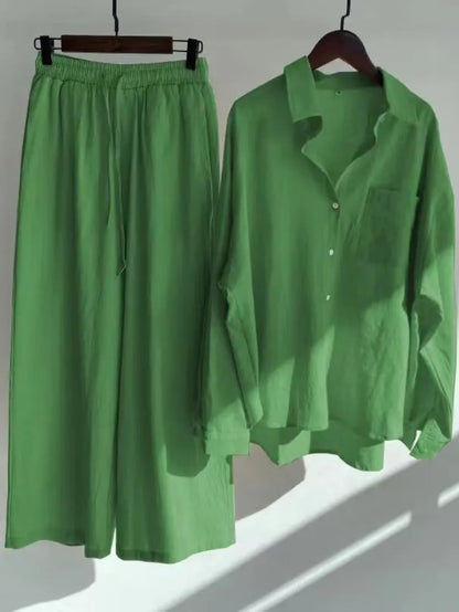 Fashionable Women’s  Cotton Slacks & Shirt Suit Set