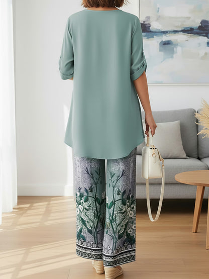Elegant Leaf Print High-Low Co-Ord Set