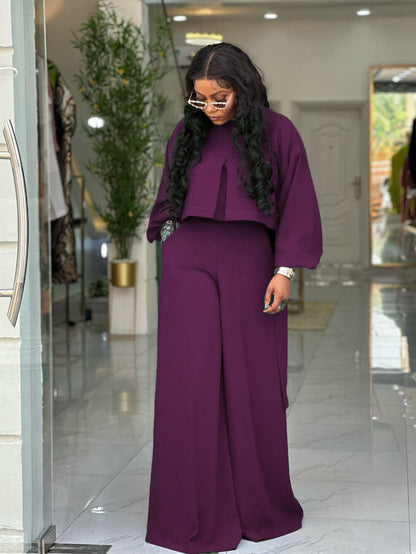 Plus Size Elegant Lantern Sleeve Top & Wide-Leg Pants Set