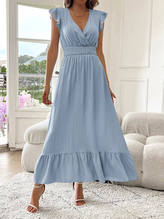 Elegant Ruffle Sleeve Surplice Neck Dress – Space Lightweight & Flattering Summer Style