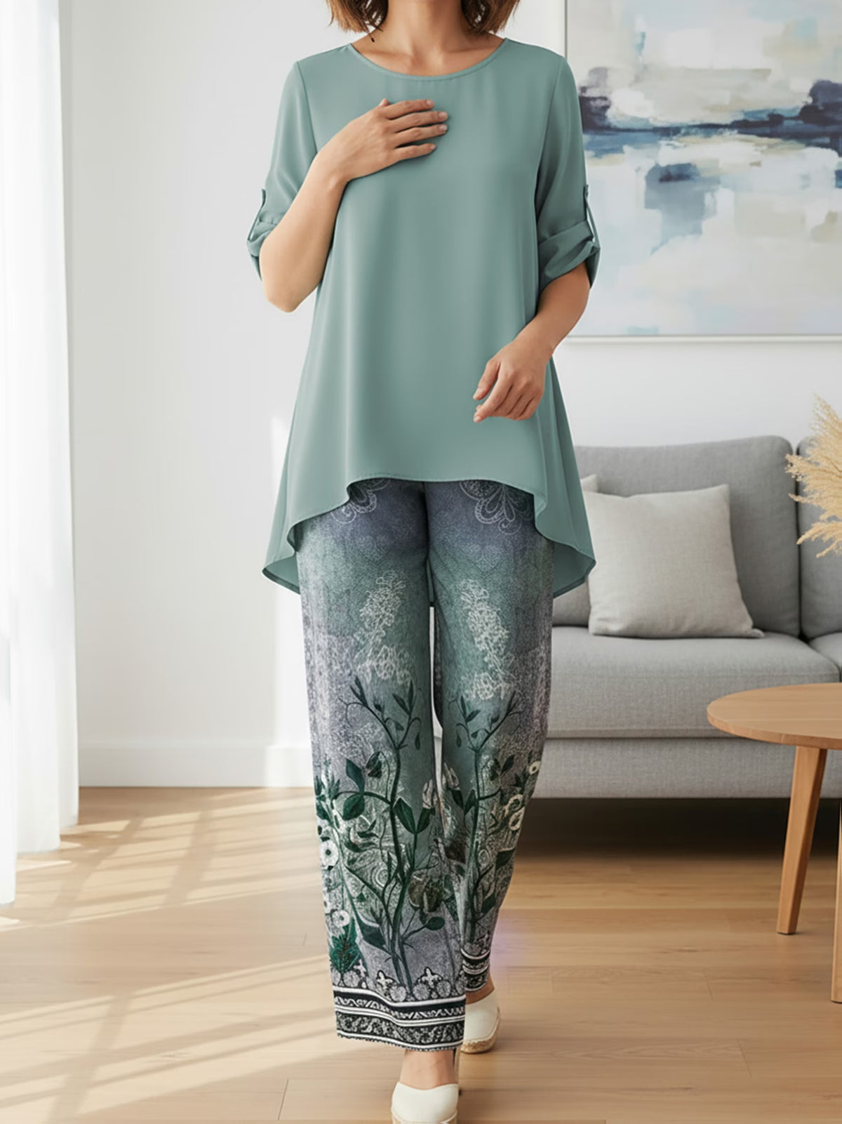 Elegant Leaf Print High-Low Co-Ord Set
