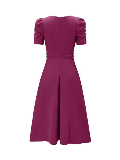 Women's Elegant V-Neck Ruffle Midi Dress with Waist Belt