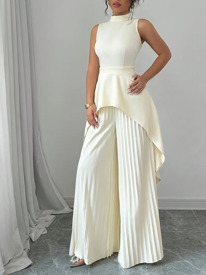 Elegant Sleeveless Stand-Collar Top & Pleated Trousers Set – Women’s Chic High-Low Two-Piece Suit
