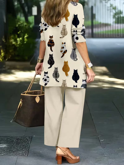 Women’s 3pcs Cat Print Jacket, Top & Pants Set