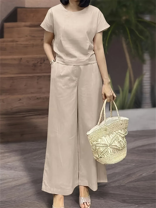 Women's Solid Color Short Sleeve Top & Wide-Leg Pants Co-Ord Set