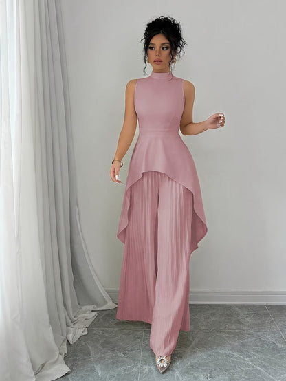 Elegant Sleeveless Stand-Collar Top & Pleated Trousers Set – Women’s Chic High-Low Two-Piece Suit