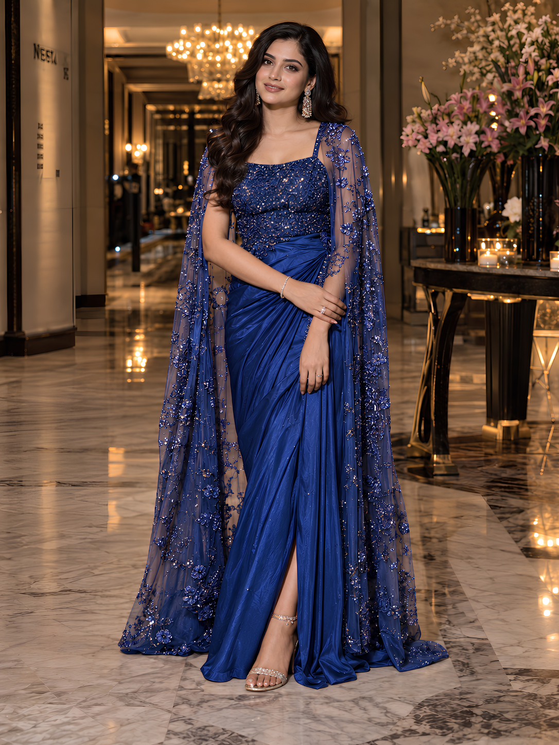 Peach Rosé Embroidered Draped Saree Gown with Cape