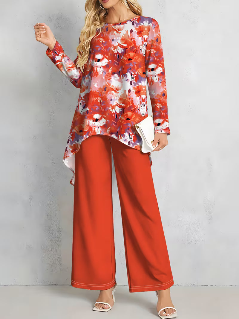 Women’s Long-Sleeve Floral Suit – Light Red Flowers on Gray, Casual & Vacation Wear