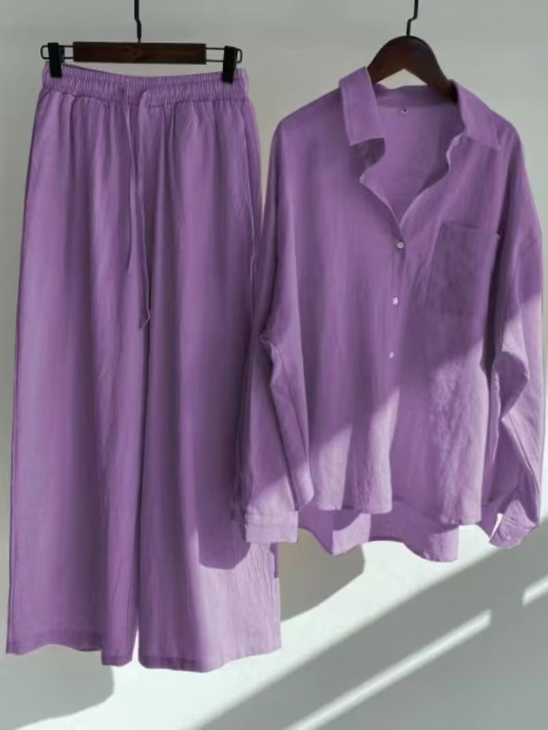 Vintage Linen Shirt Set with High-Waisted Wide-Leg Pants 2pcs Set