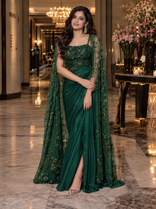 Peach Rosé Embroidered Draped Saree Gown with Cape