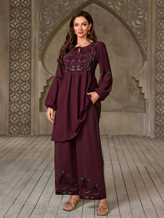 Women's Elegant Rhinestone Detail Long Sleeve Top & Wide-Leg Pants Set