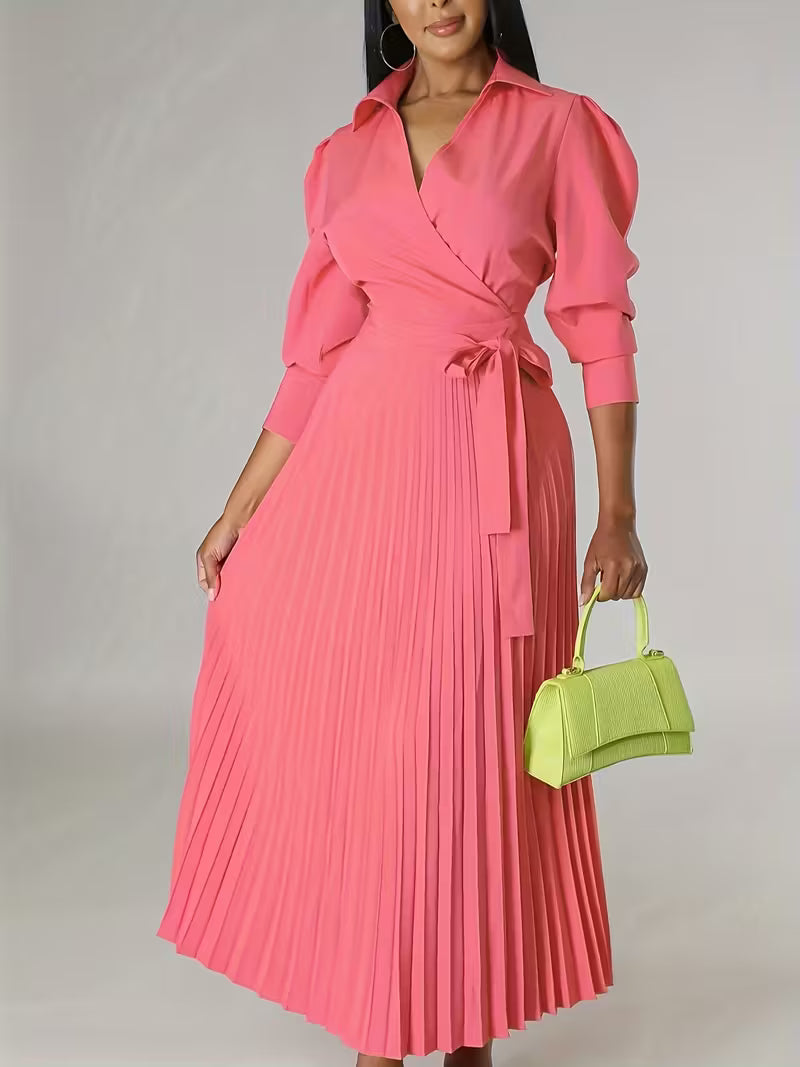 Women’s High-Waisted Polo Collar Dress | Casual Pleated Comfort Dress for Daily Wear