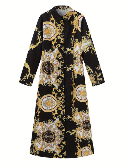 Tribal Print Lapel Button-Front Dress
