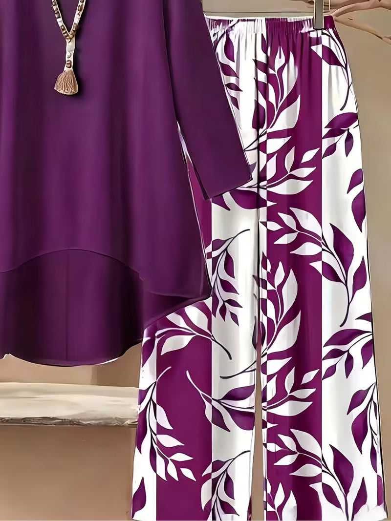 Elegant Leaf Print High-Low Co-Ord Set