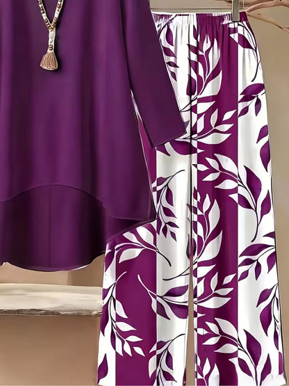 Elegant Leaf Print High-Low Co-Ord Set