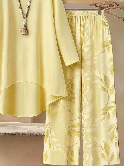Elegant Leaf Print High-Low Co-Ord Set