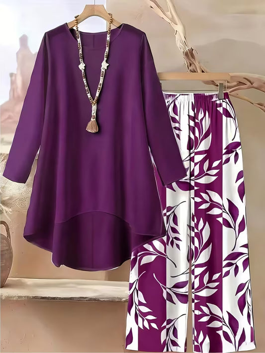 Elegant Leaf Print High-Low Co-Ord Set