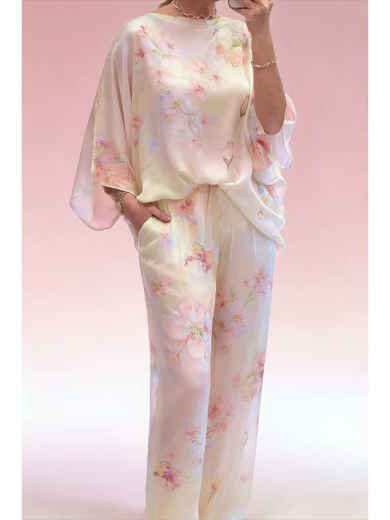 Women’s Plus-Size Casual 2-Piece Set – Off-Shoulder Batwing Top & Printed Pants