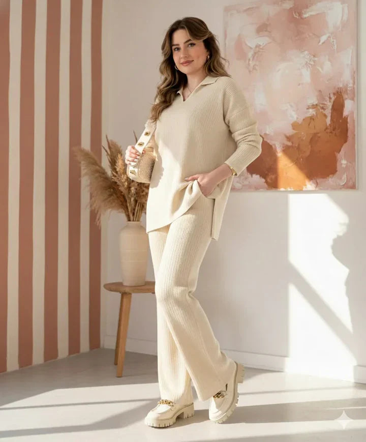 V-Neck Casual Slit Knitted Two-Piece Set
