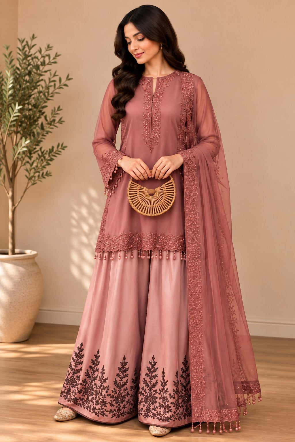 Women’s Embroidered Kurta with Flared Sharara & Dupatta Set