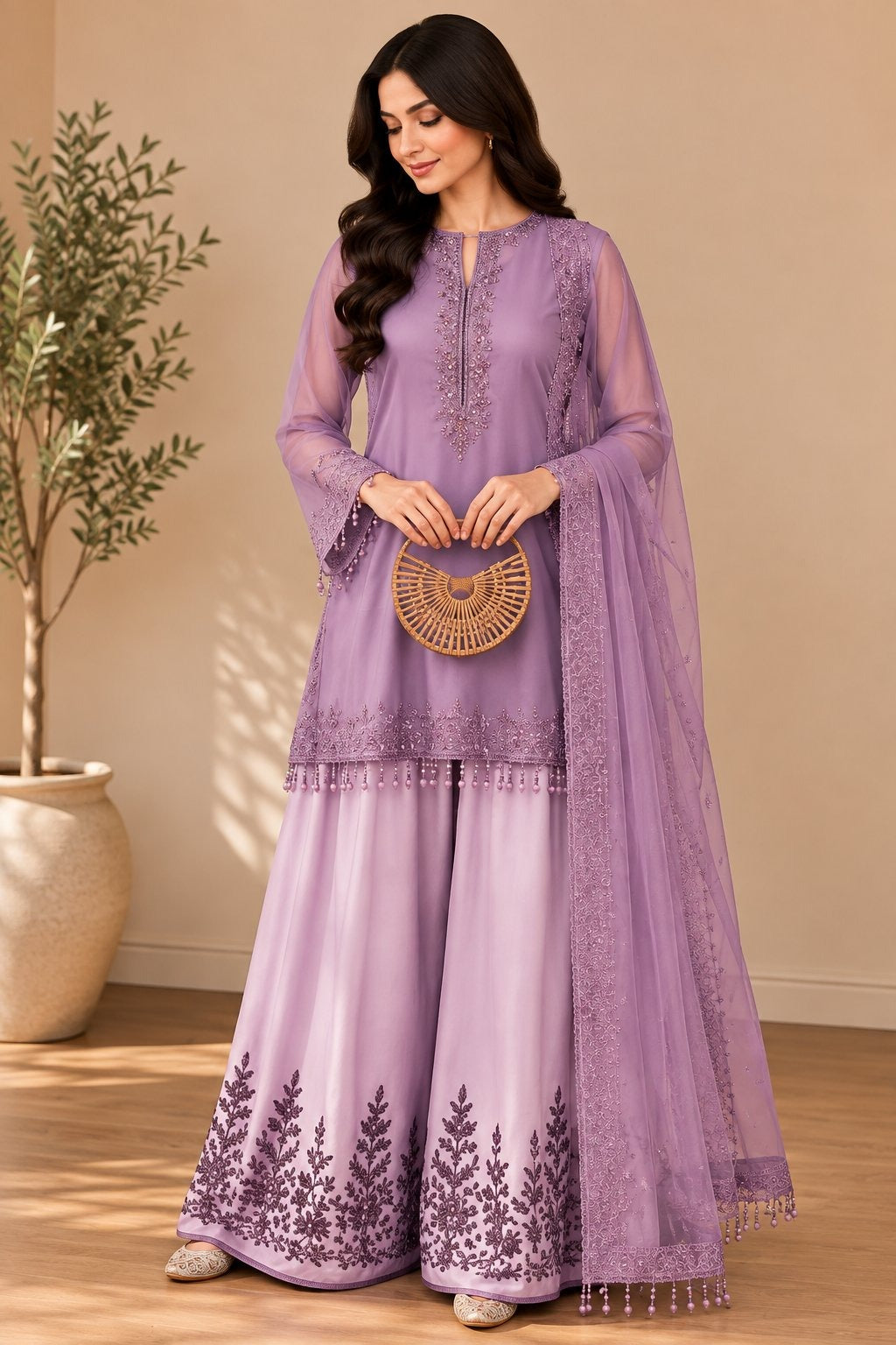 Women’s Embroidered Kurta with Flared Sharara & Dupatta Set