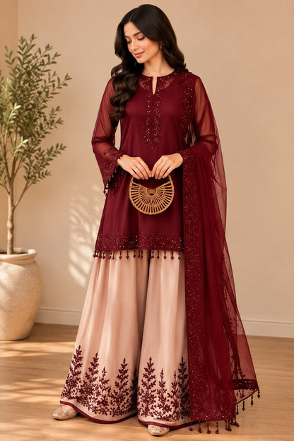 Women’s Embroidered Kurta with Flared Sharara & Dupatta Set