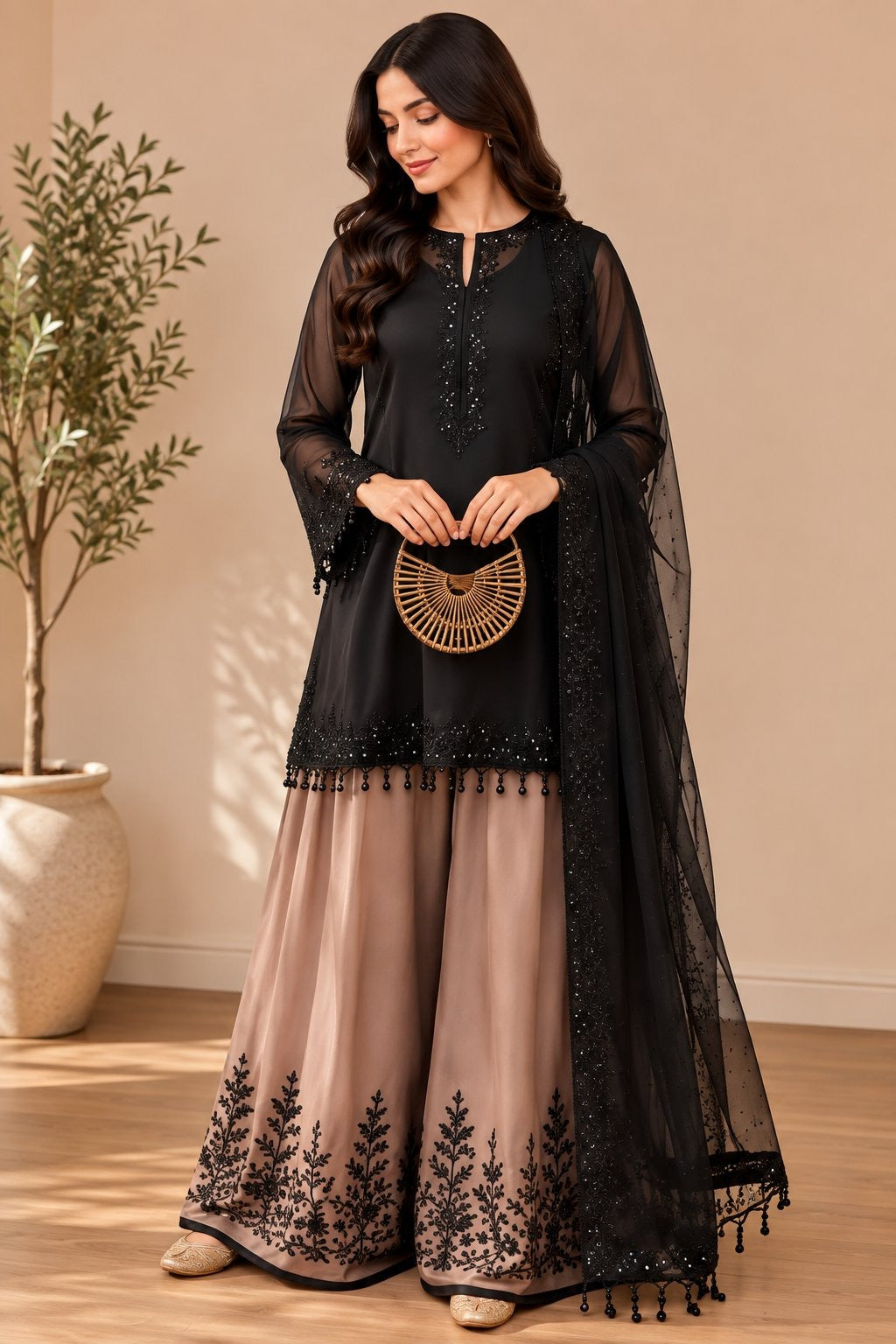 Women’s Embroidered Kurta with Flared Sharara & Dupatta Set