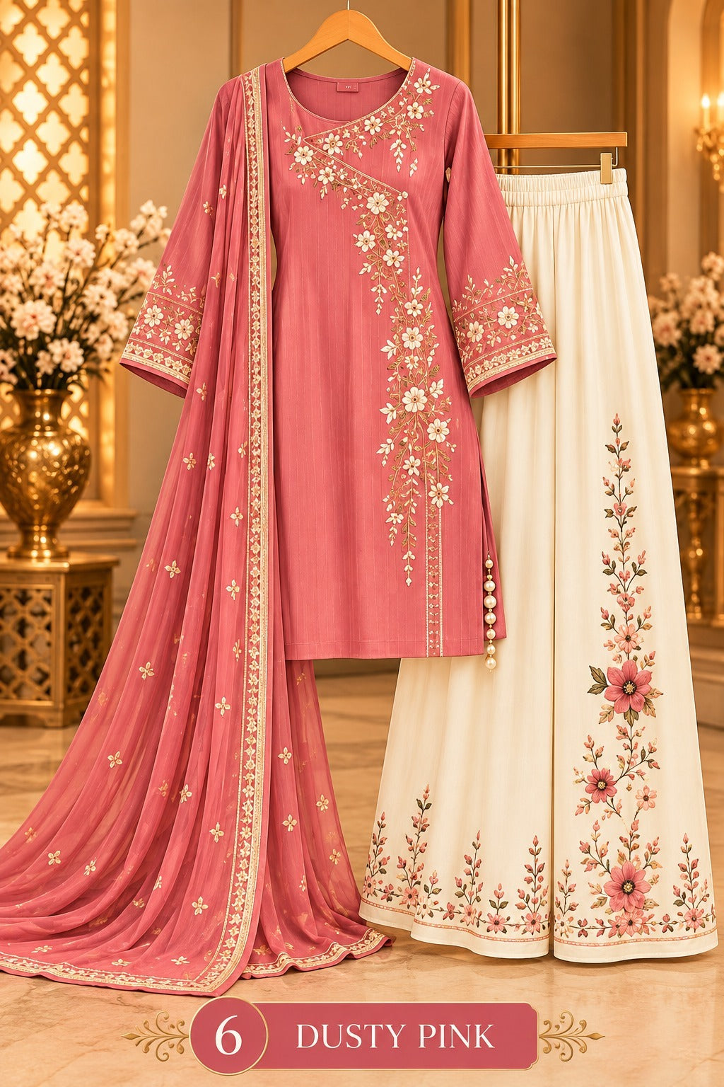 Women’s Floral Embroidered Kurta Palazzo Set with Dupatta
