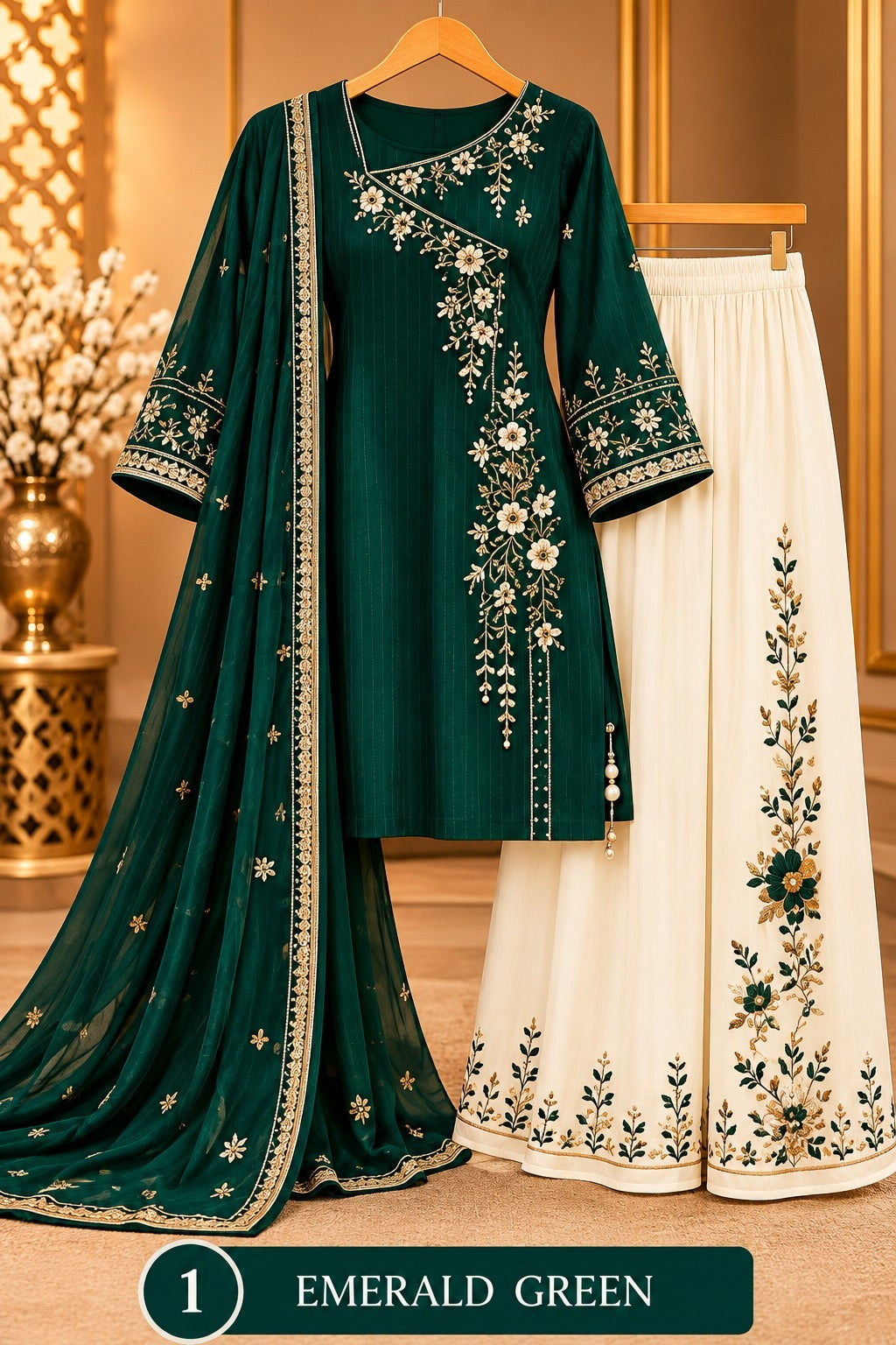 Women’s Floral Embroidered Kurta Palazzo Set with Dupatta