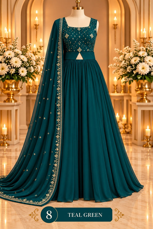 Women’s Embroidered Flared Gown with Dupatta