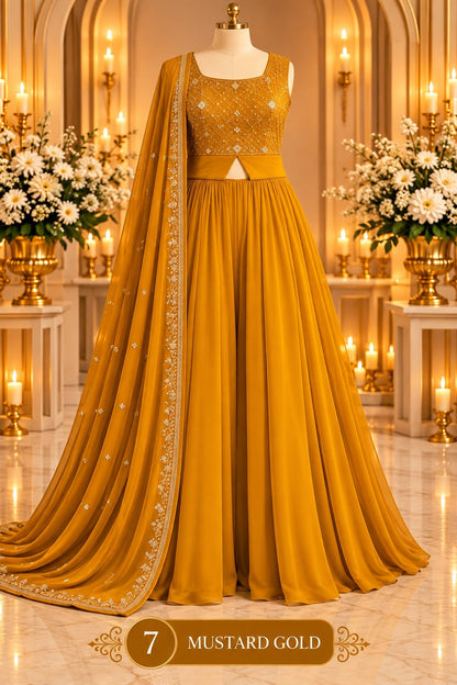 Women’s Embroidered Flared Gown with Dupatta