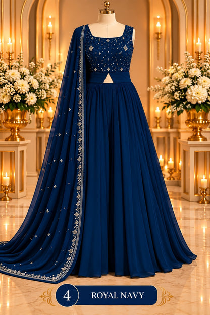 Women’s Embroidered Flared Gown with Dupatta