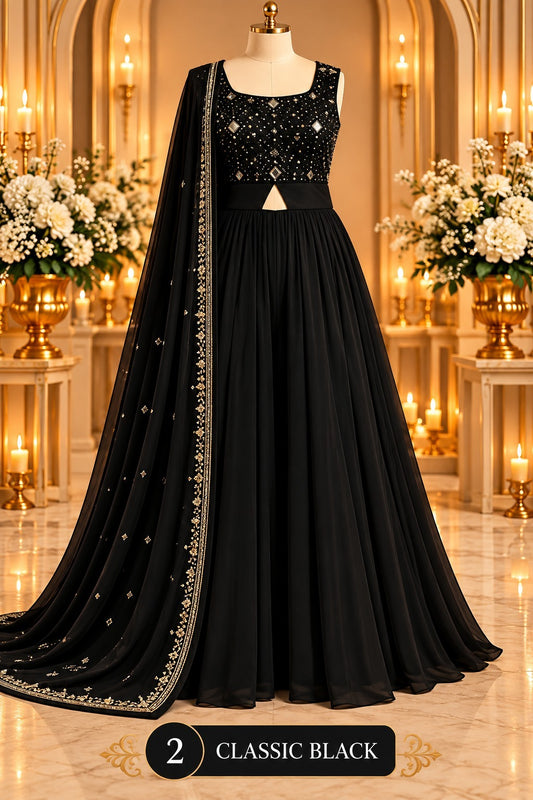 Women’s Embroidered Flared Gown with Dupatta