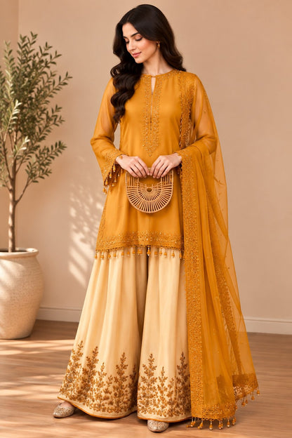 Women’s Embroidered Kurta with Flared Sharara & Dupatta Set
