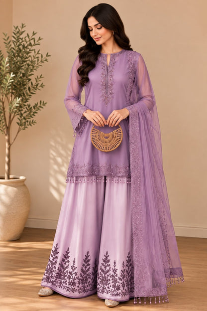 Women’s Embroidered Kurta with Flared Sharara & Dupatta Set