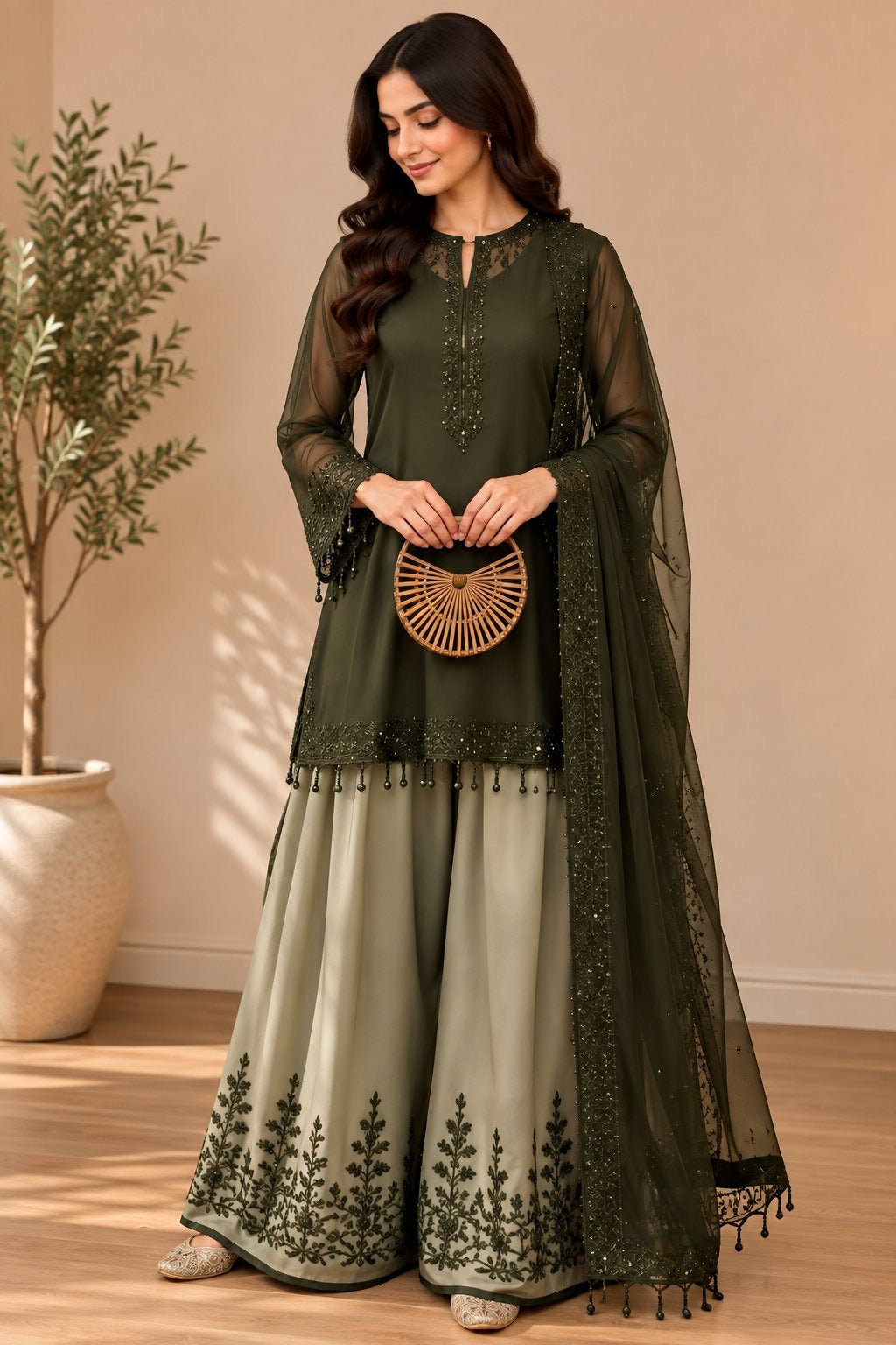 Women’s Embroidered Kurta with Flared Sharara & Dupatta Set