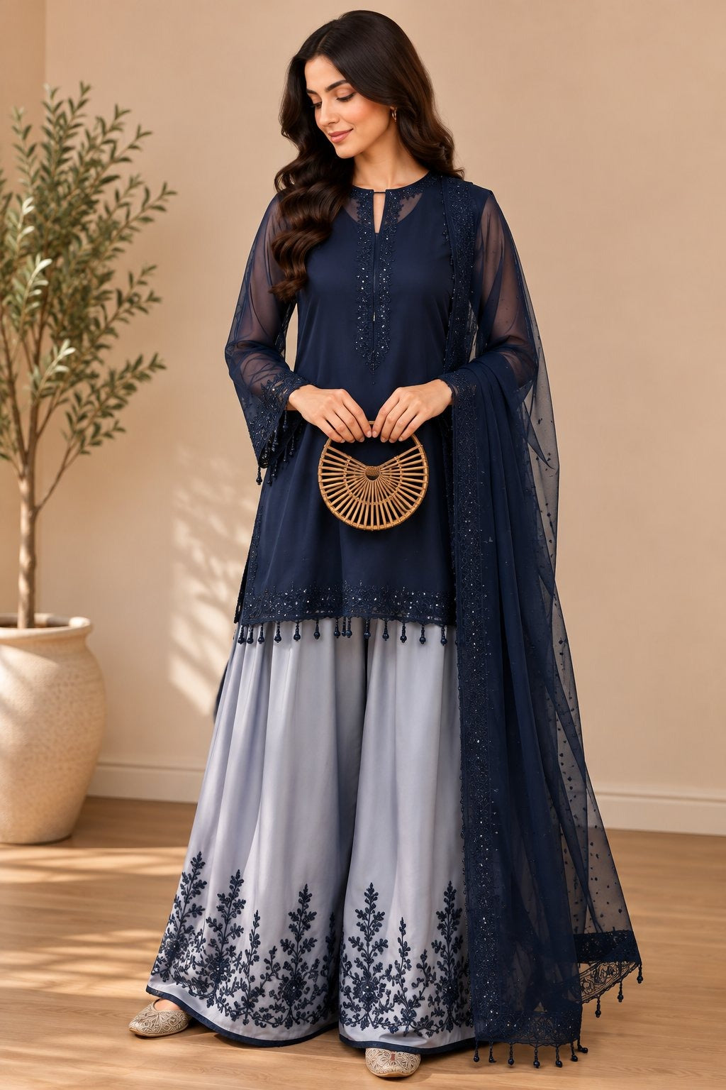 Women’s Embroidered Kurta with Flared Sharara & Dupatta Set