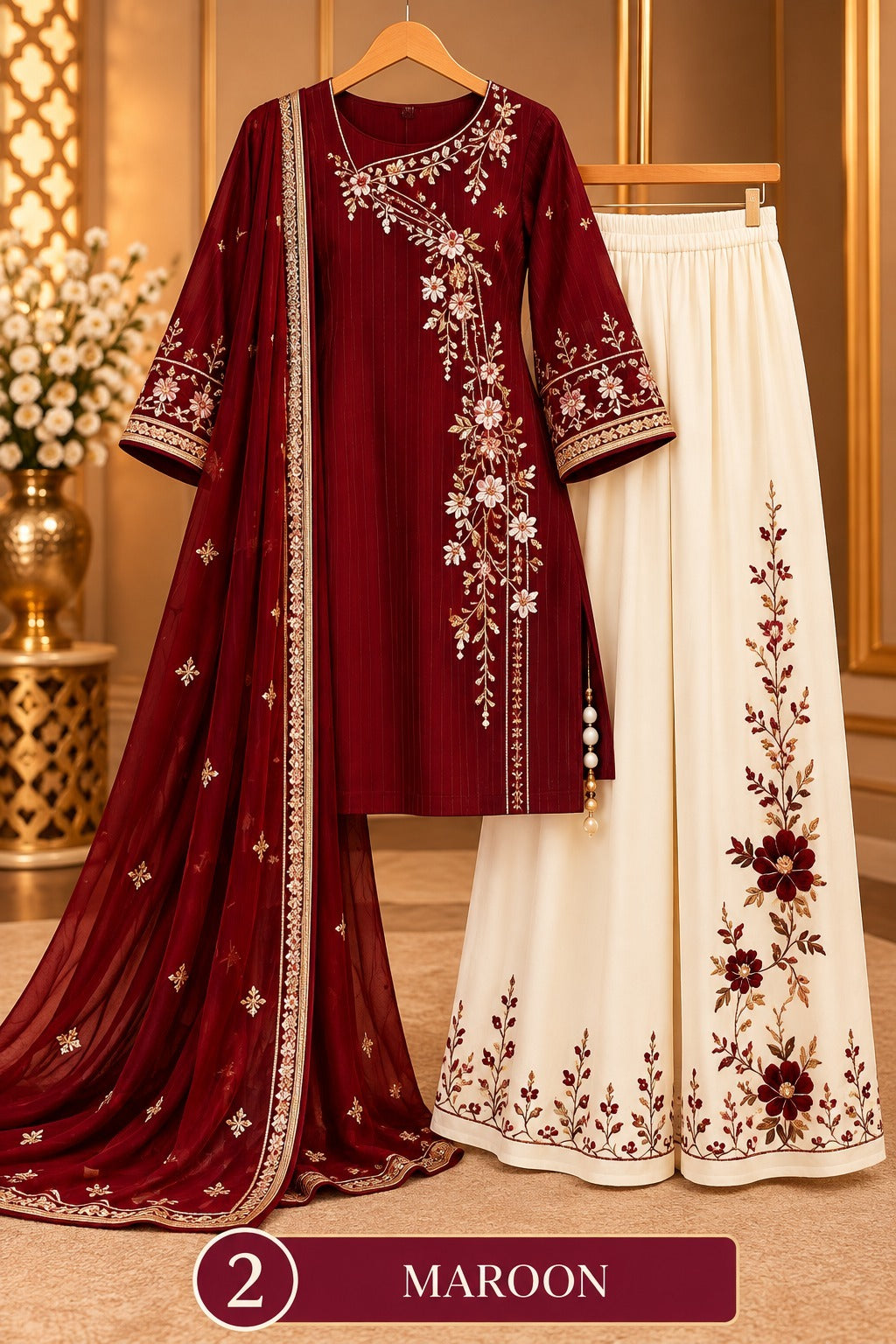 Women’s Floral Embroidered Kurta Palazzo Set with Dupatta