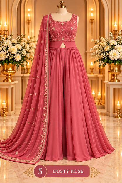 Women’s Embroidered Flared Gown with Dupatta