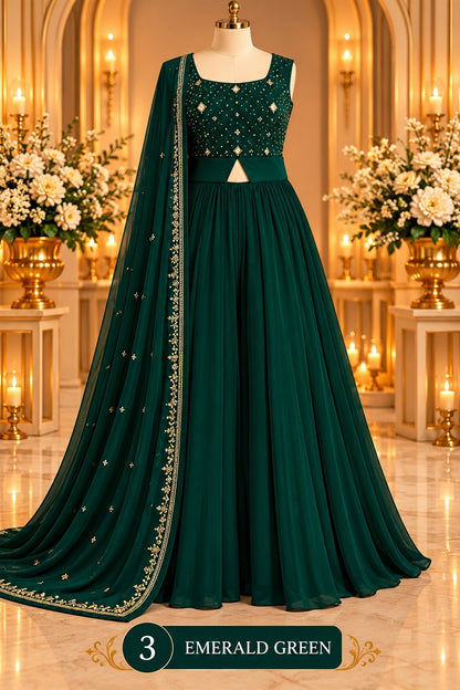 Women’s Embroidered Flared Gown with Dupatta