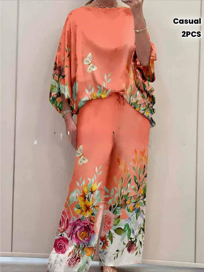 Women's Elegant Printed Batwing Sleeve Two-Piece Set
